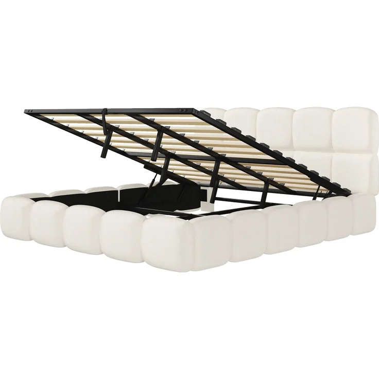 Merax Doppelbett, Polsterbett, 200*200cm, hydraulisches Funktionsbett, Bett mit Lattenrost, Kopfteil und großem Stauraum, gepolstertes Kopfteil, Weiß Bouclé – Bild 9