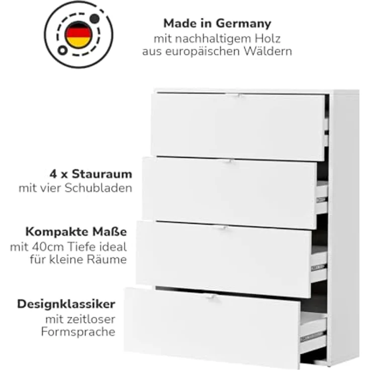 mokebo Sideboard Die Stilvolle (mit 4 Schubladen), Nachttisch, Highboard, Anrichte oder Kommode in Weiß – Bild 4