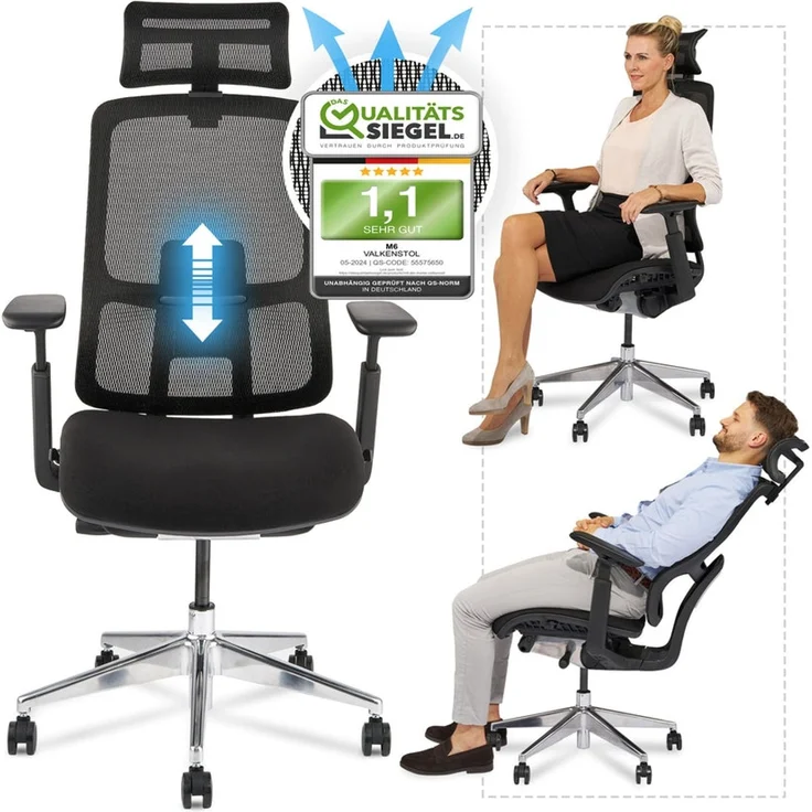 VALKENSTOL M6 POLSTER-SITZ Bürostuhl ergonomisch mit Schaumstoff Sitz - 5 Jahre Garantie - adaptive Lordosenstütze - verstellbare Sitztiefe – Bild 1