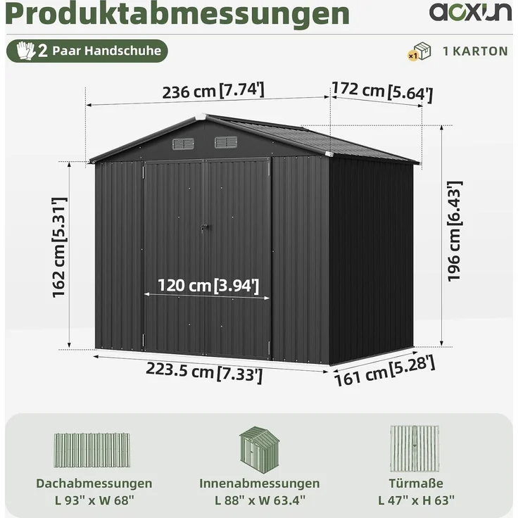 Aoxun Großes Gerätehaus aus Metall 235x171x196cm, wetterfestes Gartenhaus mit Doppeltür & Satteldach, abschließbarer Geräteschuppen für Garten, Hinterhof, Terrasse,Schwarz – Bild 2