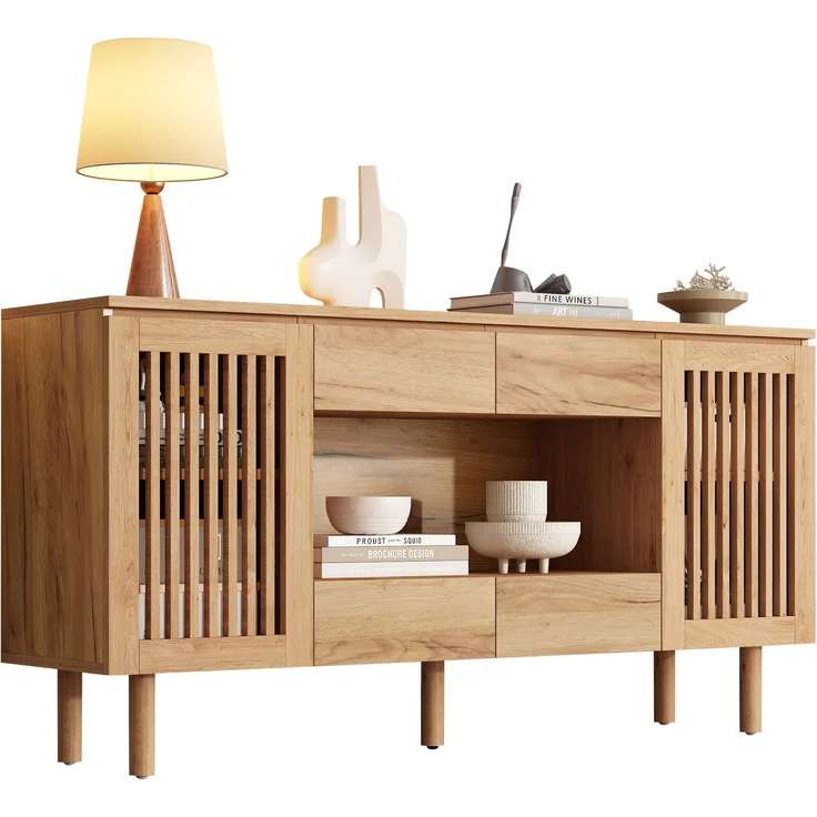 ZUBALIYA Sideboard 140x35x71 cm, mit 4 Schubladen, aus MDF, Natur – Bild 6