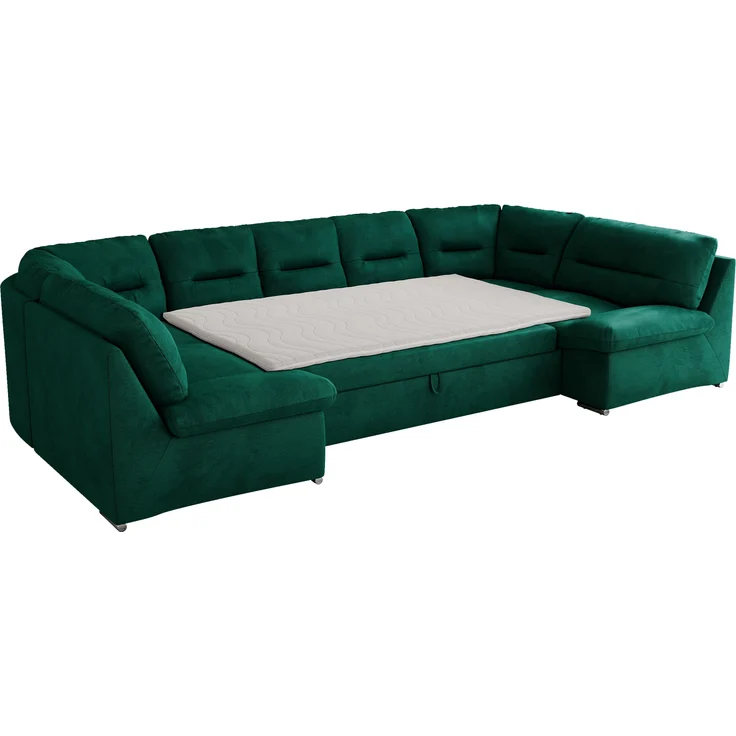Ecksofa, Sofa big XXL, Wellenfedern, Wohnlandschaft XXL, mit Schlaffunktion - COMODO U - Dunkelgrün Velours - Topper T25 – Bild 5