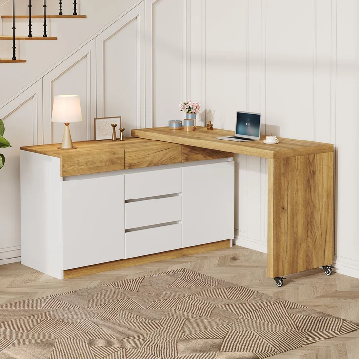 Schreibtisch-Set 78x120x45 cm mit Sideboard, Rollen und 6 Schubladen, Weiß/Eiche-Optik – Bild 2