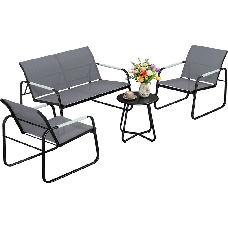 Wohnora-Gartenmöbel Set Sitzgruppe für 4 Personen Atmungsaktiv Gartenlounge mit 2er Sofa 2 Sessel Seilflecht Rund Tisch Fußpads,H 75cm x T 111cm x B 71cm,Grau – Bild 2