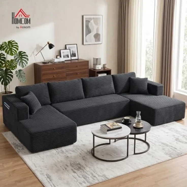 HOMCOM Ecksofa U-Form Sofa Boneless Schlafsofa mit 2 Chaiselongues, Set 3 Teile, modular, Cord, Federkern, ohne Montage – Bild 2