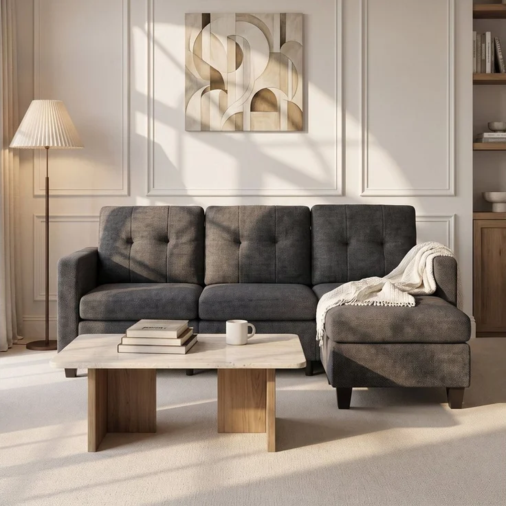 Jiexi Sofa Sofa Ecksofa 2-Sitzer / 3-Sitzer mit Hocker L-Form Couch Stoff – Bild 2