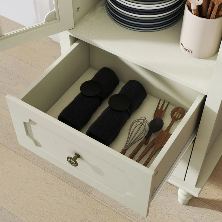 Minimalistisches Buffet mit Glastüren und Doppelschublade, modernes Sideboard aus Holz für Wohnzimmer, Esszimmer, Flur oder Eingangsbereich (weiß) – Cremeweiß – 50 x 40 x 130 cm – YOUDENOVA – Bild 10