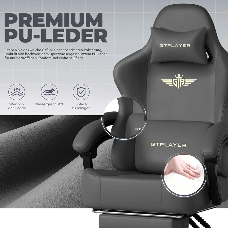 GTPLAYER Gaming-Stuhl Atmungsaktiver Bürostuhl, ergonomisch Hochwertiger - Stoff/Kunstleder, 160° Verstellbare Rückenlehne und ausziehbare Fußstütze – Bild 2