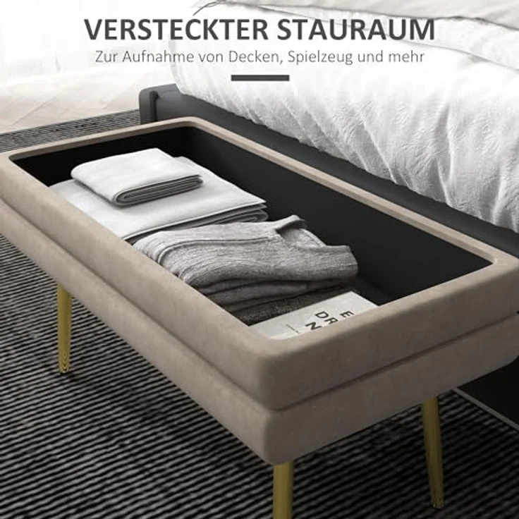 HOMCOM Sitzbank, Polsterbank mit Stauraum, Samtoptik, Bettbank mit Stahlbeine, Schuhbank, Aufbewahrungsbank für Wohnzimmer, Schlafzimmer, Beige, 79,5 x 37,5 x 43 cm – Bild 5