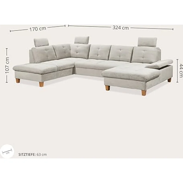 Wohnlandschaft Ascot mit Cord-Bezug und Schlaffunktion in Creme, U-Form inkl. Kopfstützen, Bettkasten und Verstellbarer Armlehne - 324 x 107 x 218 cm (B/H/T) – Bild 2