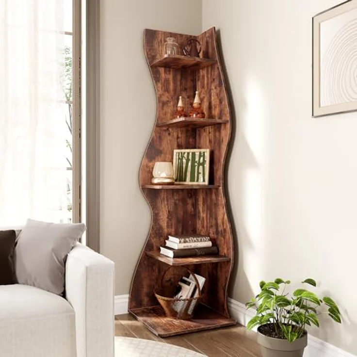 LITTLE TREE Bücherregal Ecke, Modernes Regal Schmal mit 6 Ebenen, 50 x 48 x 179 cm Bücherregal Holz, Standregal mit Wellen-Design für Kleine Räume, Wohnzimmer & Schlafzimmer, Rustikal, 2er Pack – Bild 3
