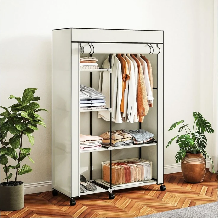 Luckice Stoffschrank Stoffschrank, Aufbewahrungslösung mit 6 Regalen & 1 Kleiderstange (103x43x162,5 cm, Creme, mit Rollen) – Bild 3