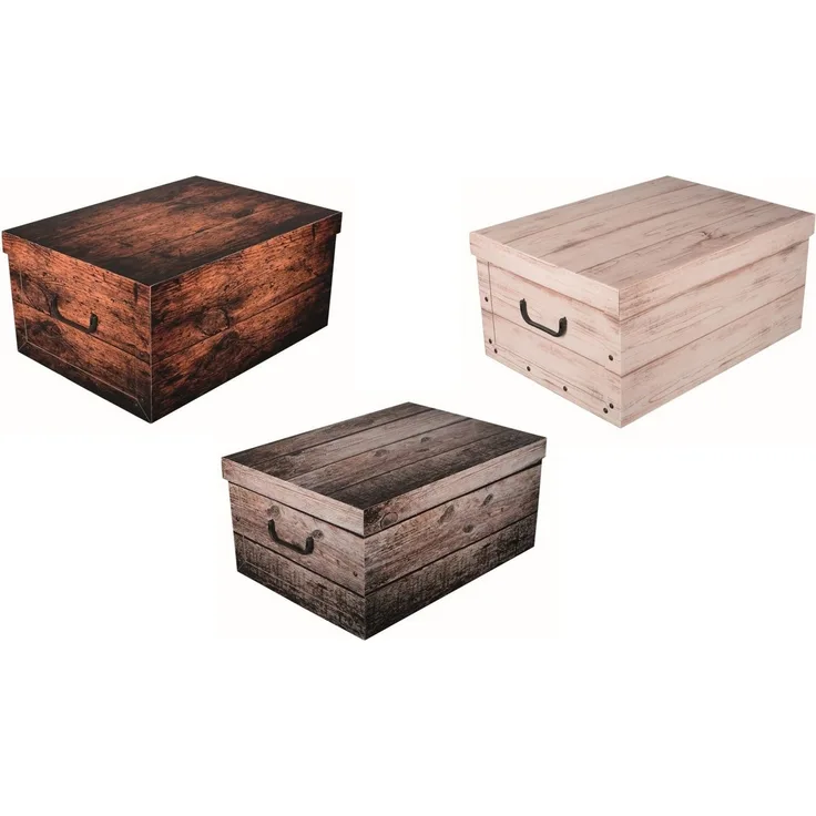 Kreher Aufbewahrungsbox Set: 3 x Dekokarton - Motiv: Holz Dunkel/ Shabby/ White