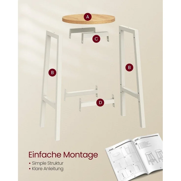 VASAGLE Barhocker, 4er Set Barstuhl, Küchenstühle mit Stahlgestell, Höhe 65 cm, rund, einfache Montage, Industrie-Design, von SONGMICS, Weiß – Bild 3