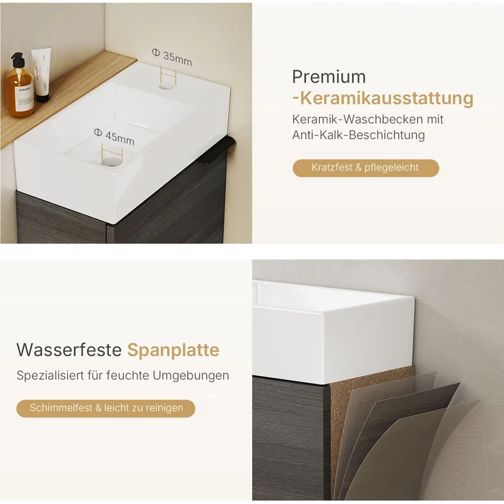 EMKE Badmöbel-Set mit Waschbecken 41.7×24×64.6cm Holzkohle – Bild 3