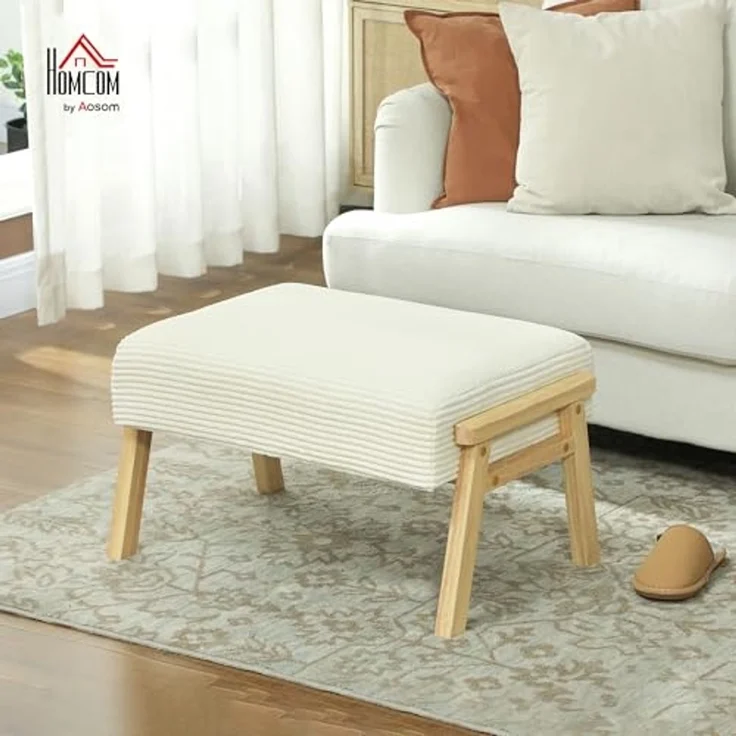 HOMCOM Fußhocker mit weichem Sitzkissen, Holzbeinen, Cordoptik (Polsterhocker, 1 St, Sitzhocker), für Schlafzimmer, Wohnzimmer, Cremeweiß – Bild 2