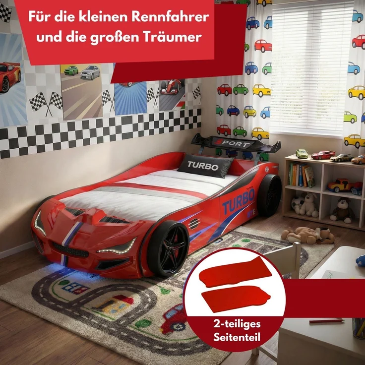 Autobett GTE Kinderbett im Rennwagen-Design mit Lattenrost Farbe Rot – Bild 3