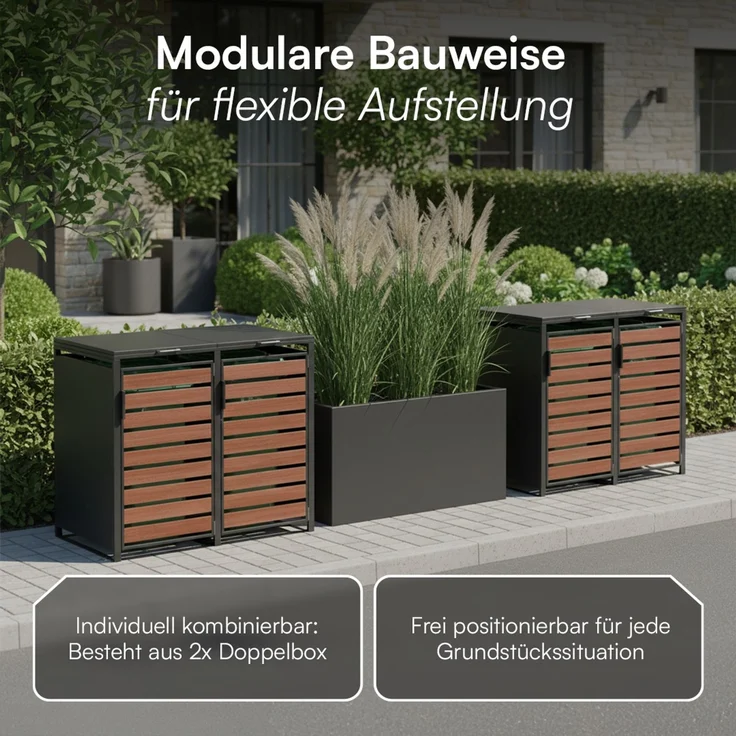 STEELSØN 'Kestra' Mülltonnenbox 4er je 240 Liter, graphitschwarz mit Nußbaum-Holzoptik, Mülltonnenverkleidung aus Stahl, wetterfest, 116x80x268 cm, Müllbox für 4 Tonnen – Bild 7