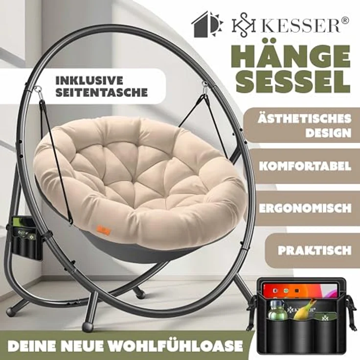 KESSER® Hängesessel mit Gestell BALI Hängeschaukel Hängestuhl bis 150kg für Indoor und Outdoor + Kissen & Seitentasche Hängekorb Stahlgestell & Schaumstoff Sitzpolster ideal für Wohnzimmer & Garten Beige – Bild 3