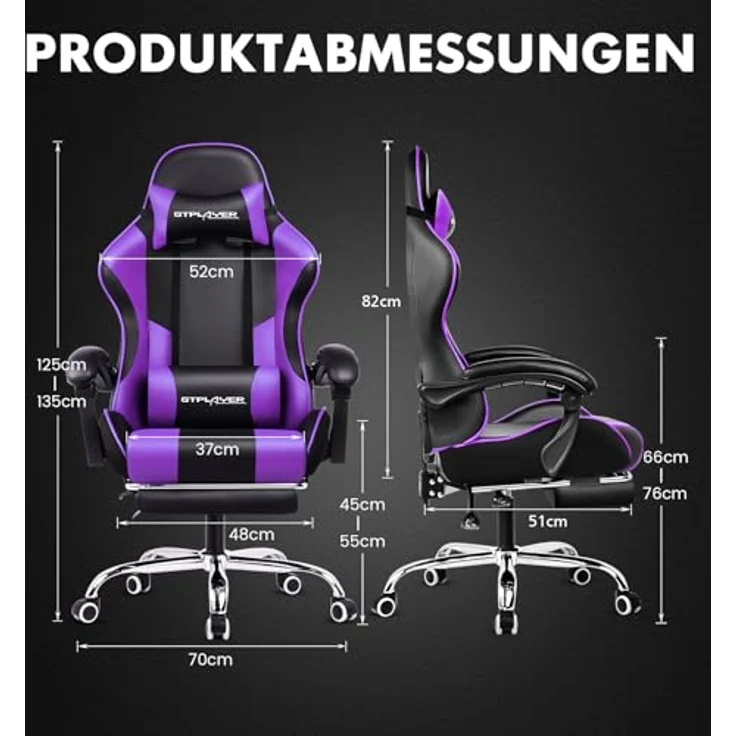 GTPLAYER Gaming Stuhl, Bürostuhl, Ergonomischer Pc Stuhl, Gaming Sessel mit Massagelendenwirbelstütze, Task Stühle mit Fußstütze und Kopfstütze, Lila Kunstleder – Bild 4