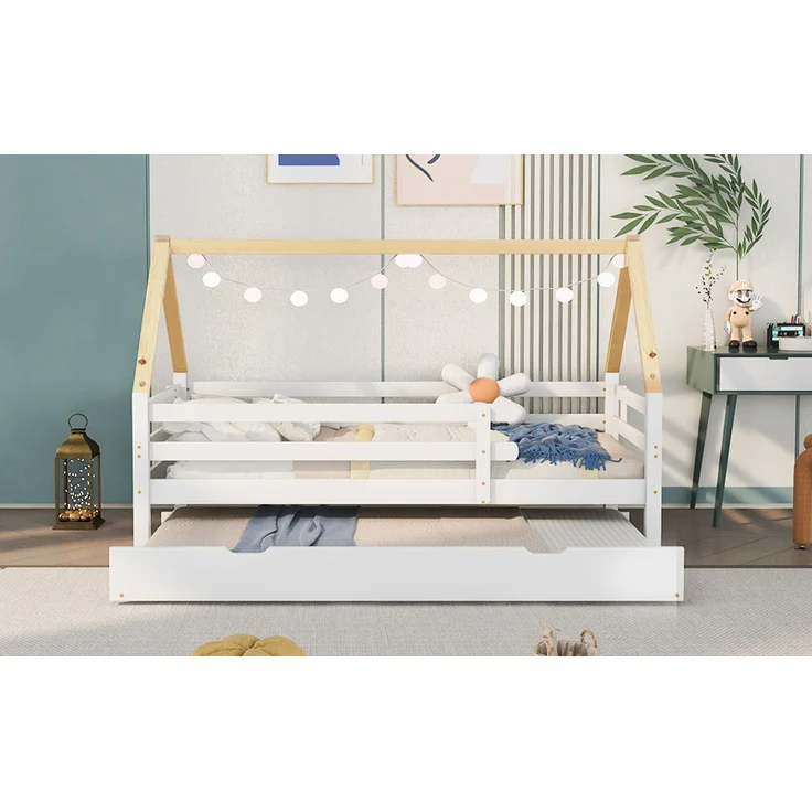 Baumhausbett, Tagesbett, Einzelbett, Kinderbett, Ausziehbett, Schiebebett mit Rollen unten, Massivholz, weißes Bett, naturfarbener Dachstuhl (90x200 & 90x190CM) – Bild 8