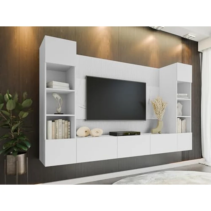 Mirjan24 Wohnwand, Weiß, Holzwerkstoff in Marmor Optik, 260x150x38 cm, griffloses Öffnungssystem, moderne Anbauwand – Bild 2