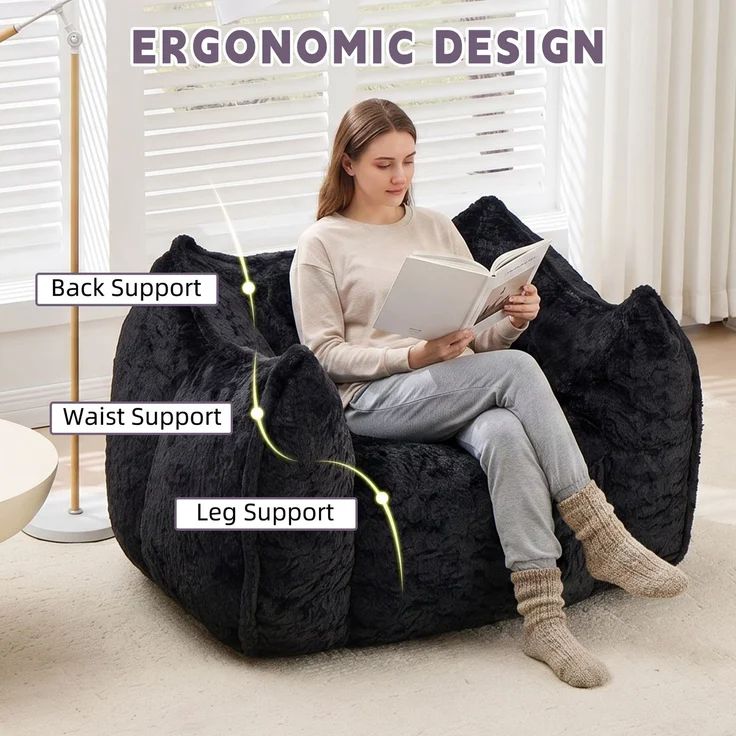 Riesiger Sitzsack mit Kissen, bequemer großer Sitzsack für Erwachsene und Kinder, Kunstfell-Bodensofa für Wohnzimmer, Schlafzimmer, Wohnung, Schwarz – 123 x 97 x 73 cm – YOUDENOVA – Bild 5