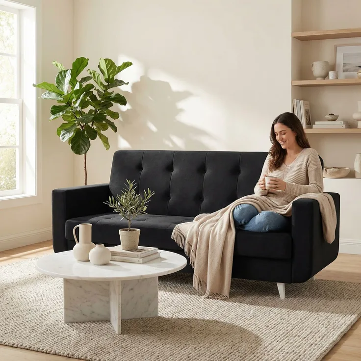 Wohnero 24 Nomi Premium Schlafsofa 218x92 cm mit Bettkasten – 120x187 cm Liegefläche, 3-Sitzer Sofa mit Schlaffunktion & Wellenfeder - Schwarz