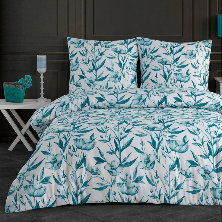 Buymax Bettwäsche Girasol, Renforce: 100% Baumwolle, 2 teilig, 155x220 cm, Bettbezug-Set, mit Reißverschluss, Blumen, Grün, Petrol – Bild 1
