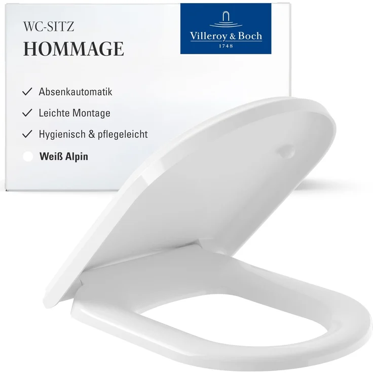 Villeroy & Boch Hommage WC-Sitz - Toilettendeckel mit Absenkautomatik - Abnehmbarer, bruchsicherer Toilettensitz aus Duroplast - Original Ersatzteil - Klodeckel in D-Form - Weiß Alpin, glänzend