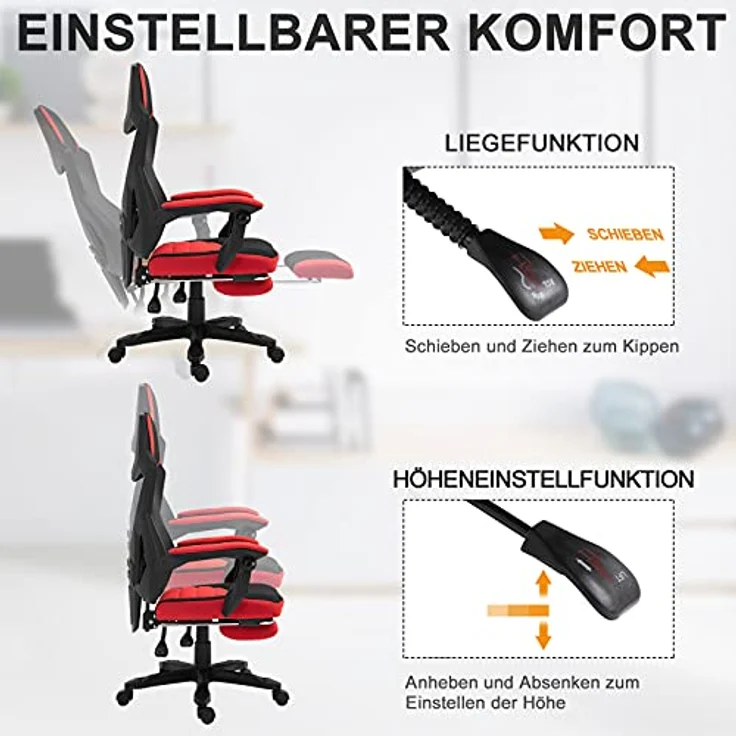 Vinsetto Bürostuhl mit Fußstütze, Höhenverstellbar, Ergonomisches Design, Rot & Schwarz – Bild 7