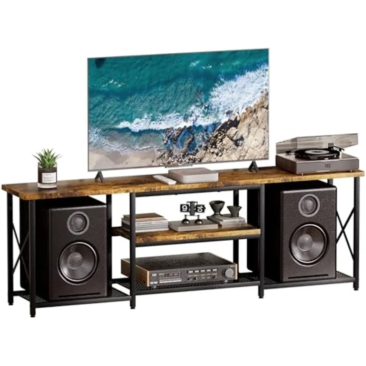 Yorbay Lowboard TV Schrank für Fernseher bis zu 70 Zoll,160 Breite mit offene Fächer, Schwarz & Retro Holzfarben - Für Wohnzimmer & Schlafzimmer – Bild 1