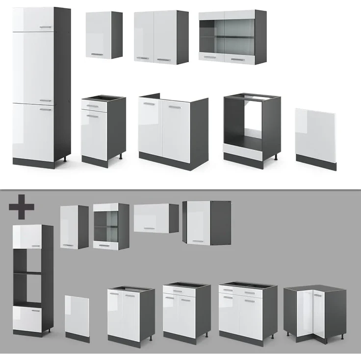 Küchenzeile R-Line Weiß Hochglanz/Anthrazit 300 cm ohne Arbeitsplatte Vicco – Bild 7