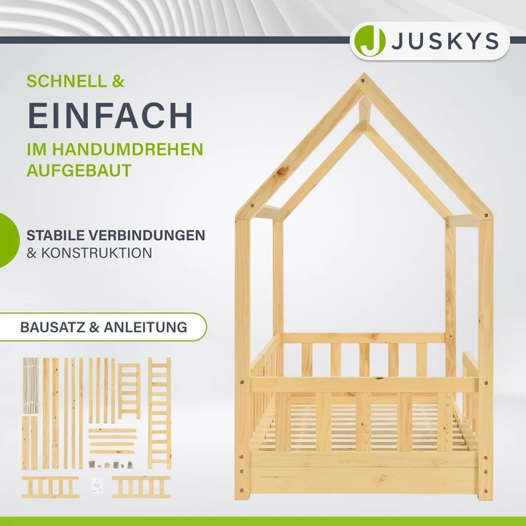 Juskys 'Marli' Kinderbett, mit Matratze, Rausfallschutz, Lattenrost & Dach - Massivholz Hausbett für Kinder - Bett in Natur, 80x160 cm – Bild 3