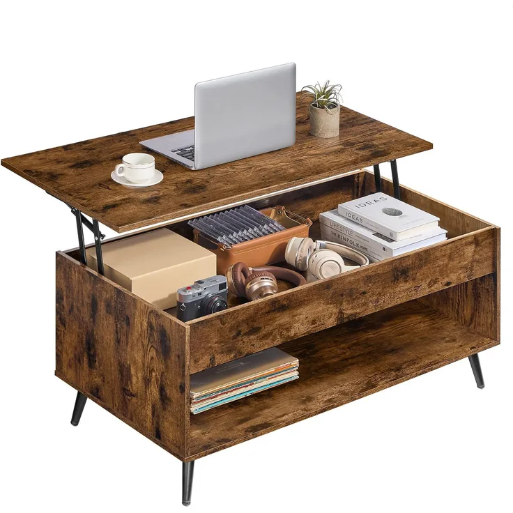VASAGLE Couchtisch, höhenverstellbarer Wohnzimmertisch, Kaffeetisch, Gaszylinder, verstecktes Fach, offenes Fach, für Wohnzimmer, Homeoffice, vintagebraun-Mattschwarz LCT267KD01