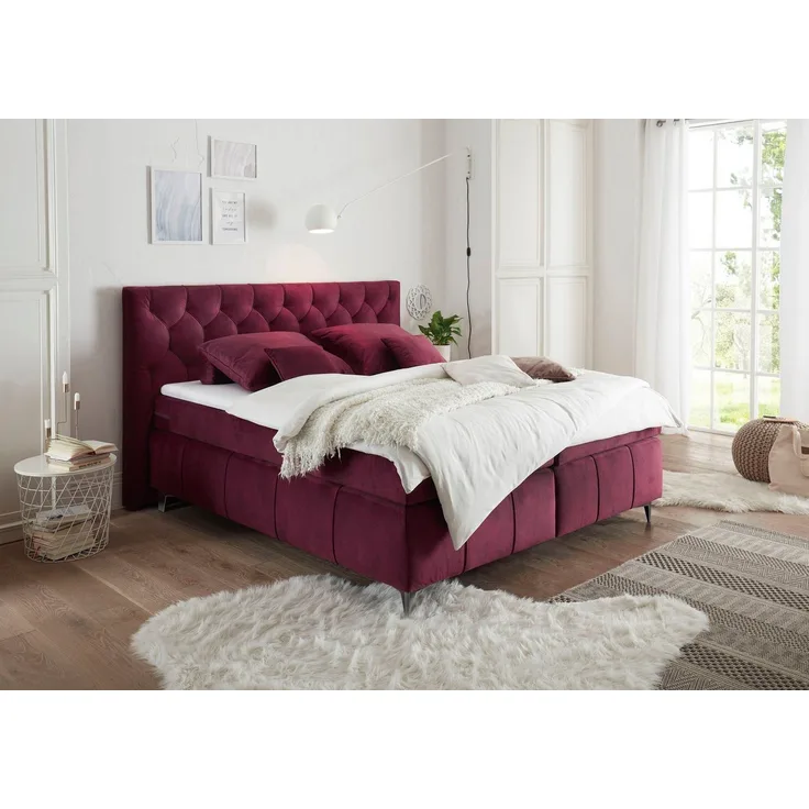Boxspringbett 'PEMBROKE', burgund inkl. Topper, 180x200