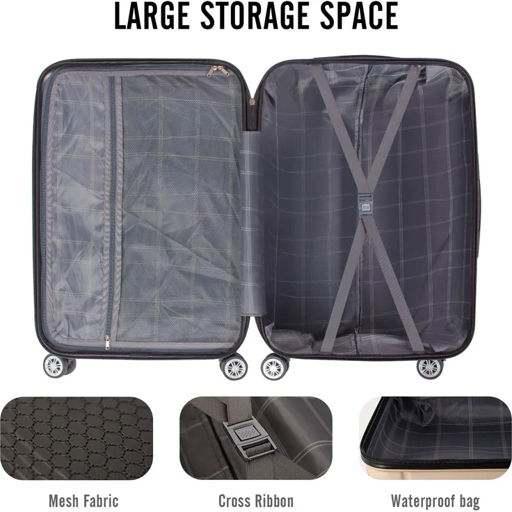 Todeco Mittelgroßer Koffer Trolley 68cm, Zwillingsrollen Reisekoffer Koffer Trolleys, 4 Rollen Leicht Hartschale aus ABS Aufgabegepäck, 68x45x26cm, 66 Liter, Champagner – Bild 3