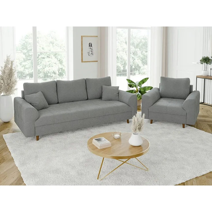 S-Style Möbel Polstergarnitur 3+2 Leif mit Braun Holzfüßen im skandinavischen Stil aus Boucle-Stoff, (1x 3-Sitzer-Sofa, 1x 2-Sitzer-Sofa), mit Wellenfederung