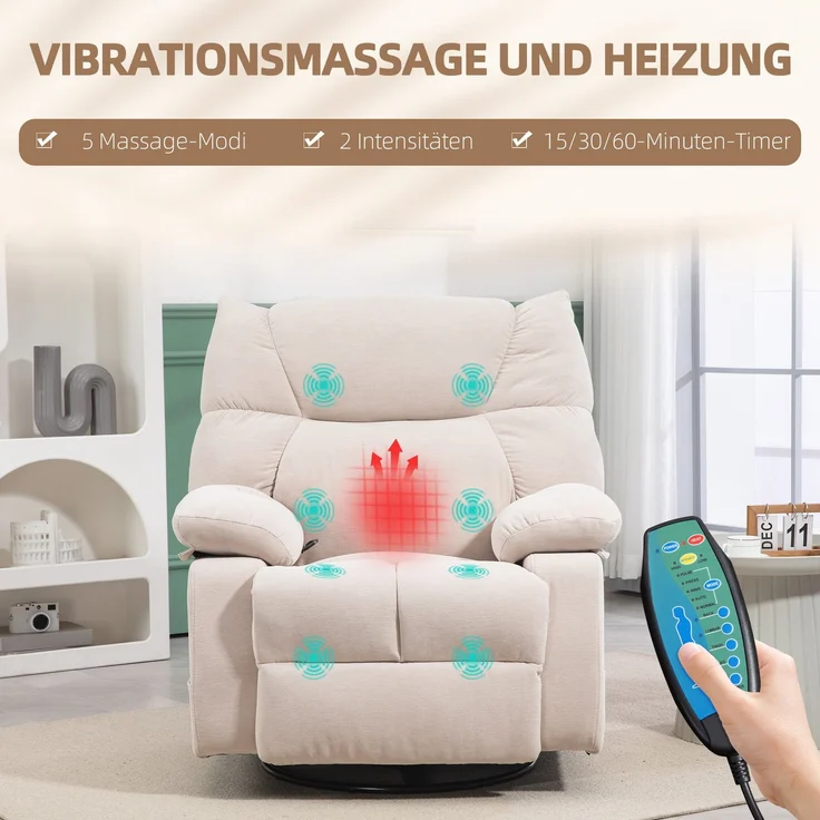 MELAYR, Massagesessel mit Wärme- & Liegefunktion, drehbar, bis 150 kg, Metallgestell, 98x90x98cm, Beige – Bild 6