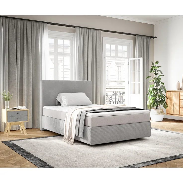 Boxspringbett Dream-Well 120x200 cm Cord Silbergrau mit Taschenfederkernmatratze und Topper Visco