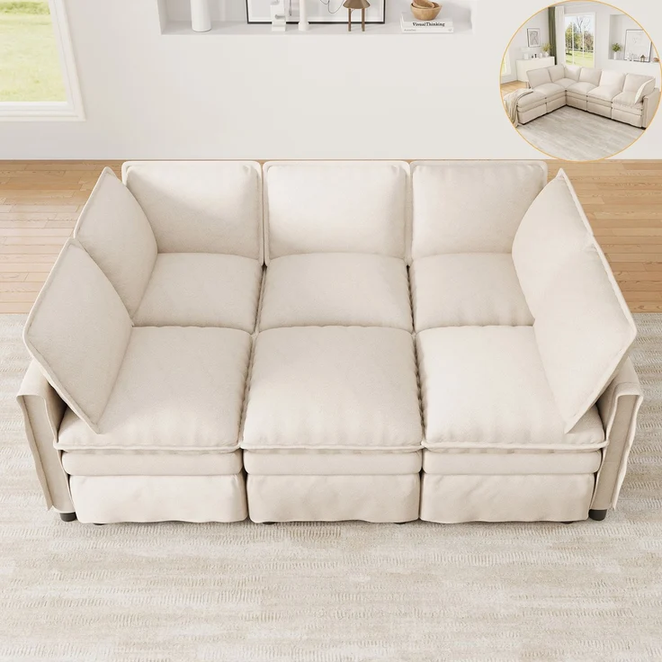 ZUBALIYA Wohnlandschaft 127x91 cm, mit Chenille - Bezug, mit Samtbezug, mit breiten Armlehnen, modular aufgebaut, Beige – Bild 3