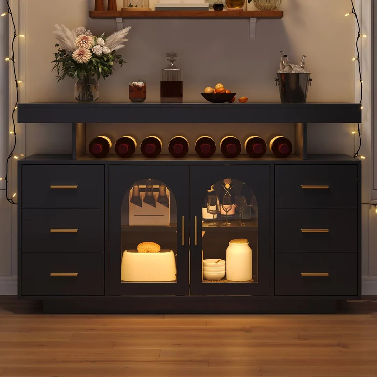 Weinschrank 140 x 40 x 82 cm aus MDF mit 6 Schubladen, Bogenglastüren und RGB-LED-Beleuchtung – Bild 2