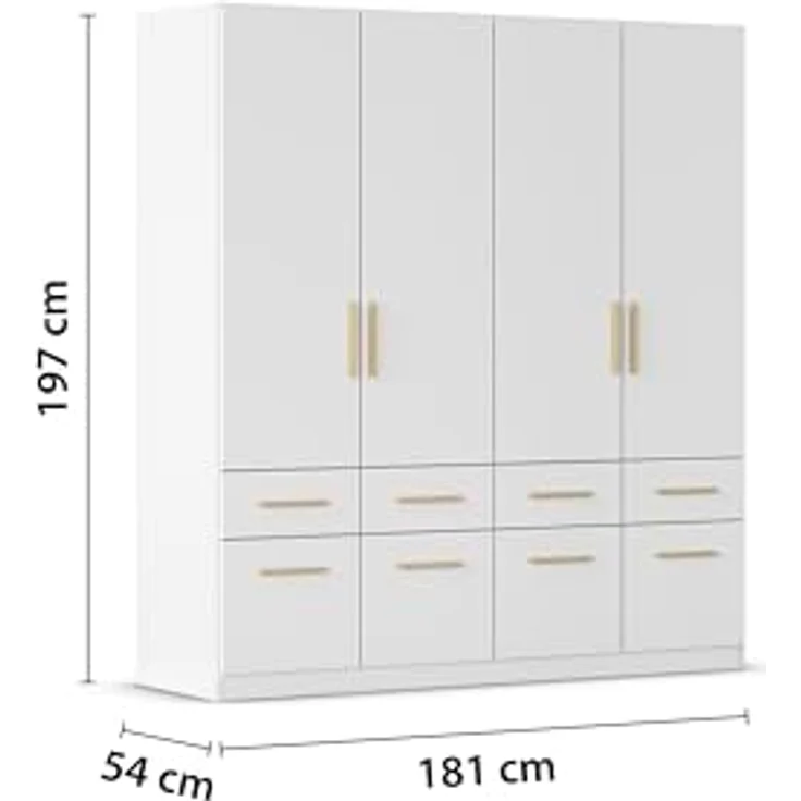 Rauch Möbel Dundee, Kleiderschrank, Schrank, Garderobe, Organizer, 4-türig, 8 Schubladen, Farbe Weiß, Holzgriff Eiche Massiv, 181 x 197 x 54 cm – Bild 4