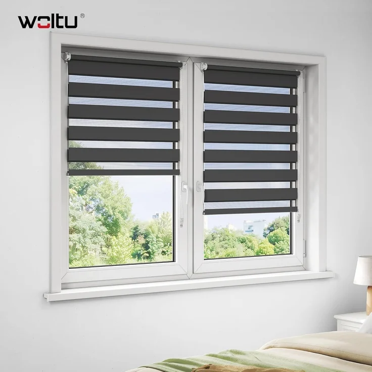 WOLTU Doppelrollo Klemmfix ohne Bohren Anthrazit B90 x H150 cm, Duo Rollo Zebrarollo Fensterrollo Klemmrollo Seitenzugrollo Easyfix lichtdurchlässig & verdunkelnd Rollos für Fenster und Tür – Bild 2