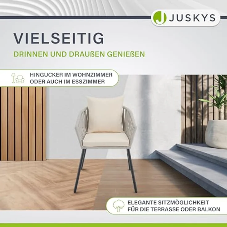 Juskys Rope Stühle 2er Set - Gartenstühle mit Seilgeflecht & Polster – wetterfester & bis 160 kg belastbar - Stahl mit Pulverbeschichtung - Hellgrau – Bild 8