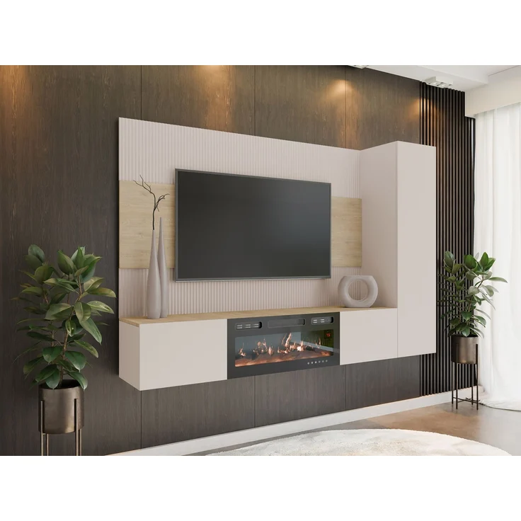 Wohnwand Deromi VI mit Kamin (Farbe: Sandbeige + Nuss Cremona) – Bild 1