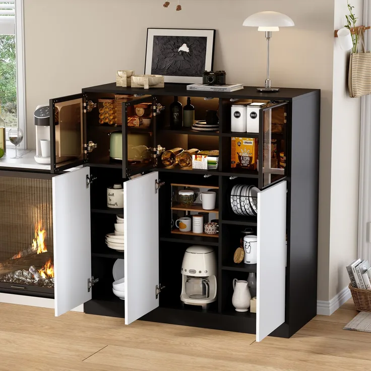 DESVIAE Sideboard mit LED-Beleuchtung und 6 Türen 100x105x40 cm Spanplatte Glas Schwarz Weiß
