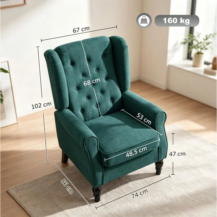DESVIAE Sessel Dunkelgrün aus Polyester – 74x102x86 cm – Eukalyptusholzbeine, Ohren-Design, Kapitonierung – Bild 6