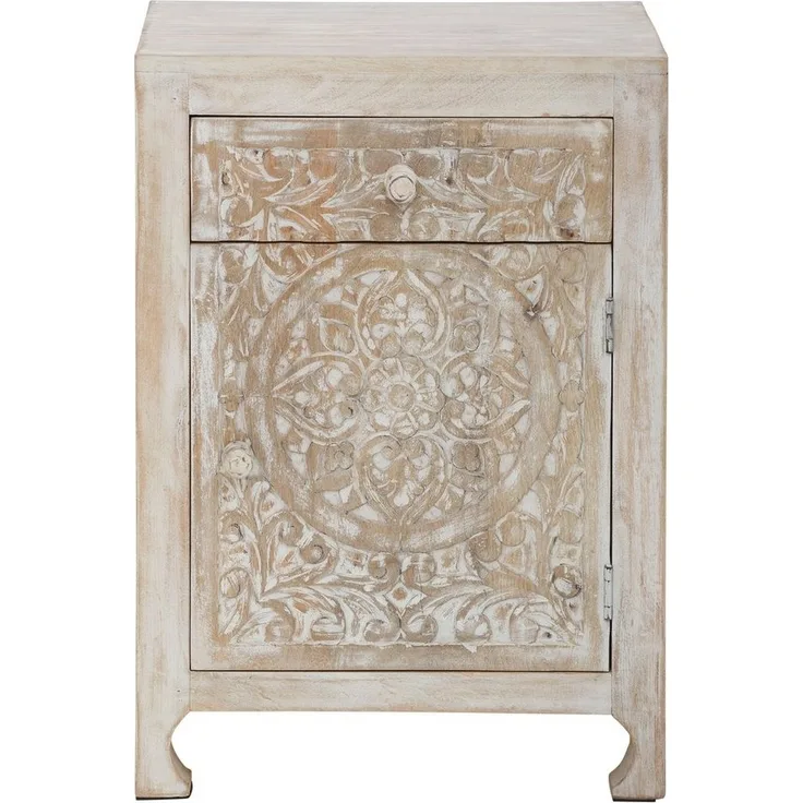 Home affaire Nachtkommode Bonstetten, pflegeleichtes Mangoholz, mit dekorativen Schnitzereien, Breite 50 cm