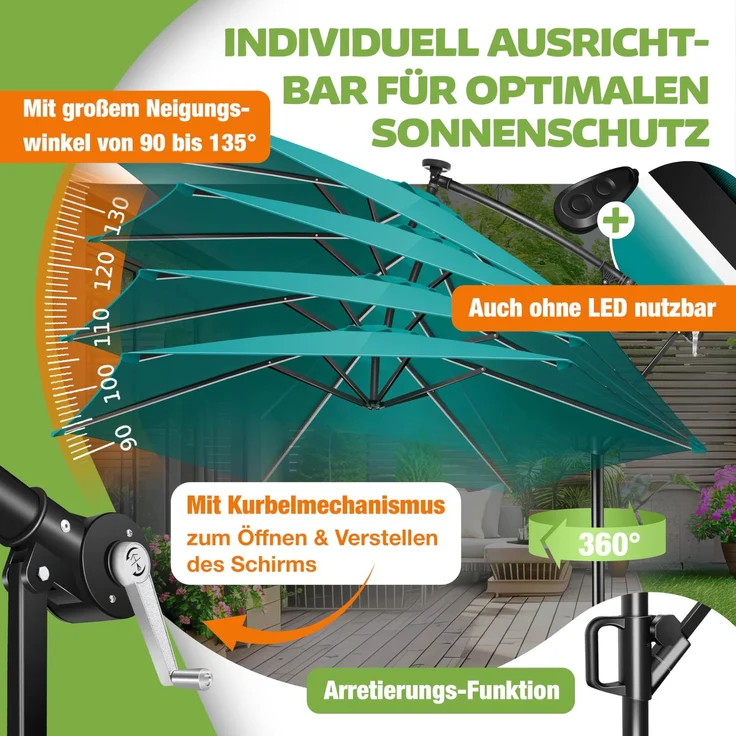 KESSER® Alu Ampelschirm LED Solar + Abdeckung mit Kurbelvorrichtung UV-Schutz Aluminium mit An-/Ausschalter Wasserabweisend - Sonnenschirm Schirm Gartenschirm 300cm, Petrol Grün – Bild 5